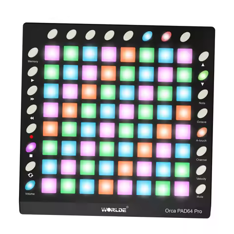 WORLDE Portable USB MIDI Drum Pad Controller 64 RGB Backlit Pads 24 Buttons Built-in 128MB Sound Mod
