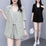Plus Size Korean Elegant Women's Suit Female Blazer Leisure Pants Tweed Suit Jacket Three Piece Jacket Shorts Set