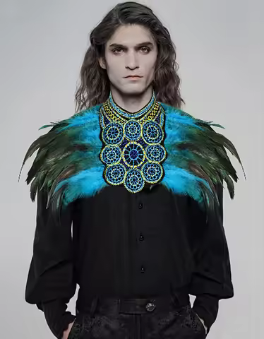 Men's Feather Lace Shawl Gothic Punk Feather Cape Natural Feather Scarf Shawl Halloween Cosplay Acce