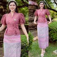 KK-ZG (Sold Separately) set Of 2 Pieces Long-Sleeved White Lace Shirt Ready-Made Sarong Blue Thai Pa