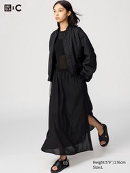 Uniqlo黑色透膚抓皺開岔長裙附內搭褲