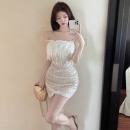 High-End Feather Sequined Dress Champagne Gold Dress Golden Dress Feather Dress Sequined Dress Birth