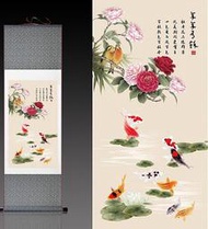 【開運幸運星】 牡丹畫 九魚圖 風水畫  絲綢畫 風水有關係  無框畫 卷軸畫 A181-335