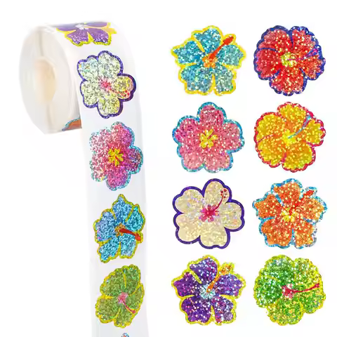 500pcs Laser Flower Sticker Roll Cute Flower Shape Sealing Sticker Color Waterproof Self-adhesive St