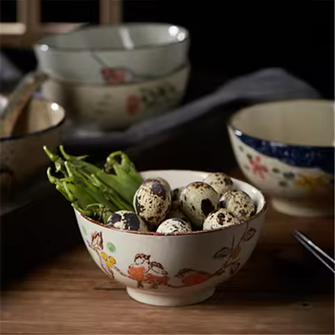 Flower Bird Ceramic Rice Bowl Japanese Pretty Tableware Table Top Items for Soup Noodle Restaurant U
