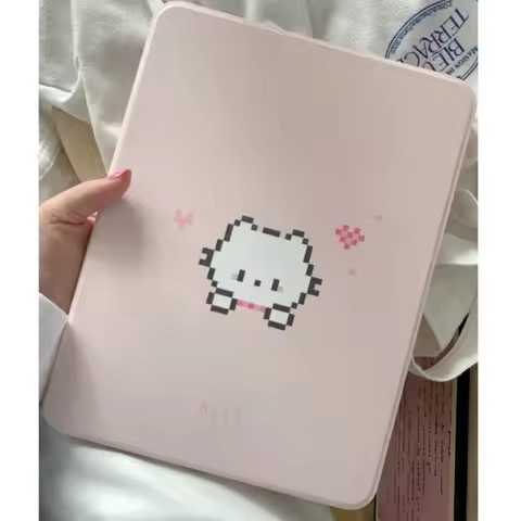 360 Rotating Stand Pencil Holder Kawaii Pixel Kitty Cat iPad Case for iPad Pro 11/12.9/13in Air6/7/8