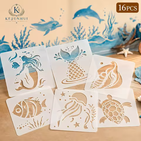 16Pcs 3.9x3.9in Ocean Animal Stencils Reusable PET DIY Painting Stencils Mermaid Shell Craft Templat