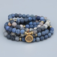 EDOTHALIA 108 Beads Mala Lotus Bracelet 8MM Matte Blue Stone &amp; Picasso Stone Women Men Meditation Yo