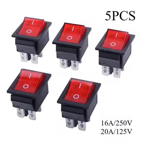5PCS KCD4 On Off 2 Position Red Light Rocker Switch 16A/250V Toggle Switches 35 x 25.5 x 10mm