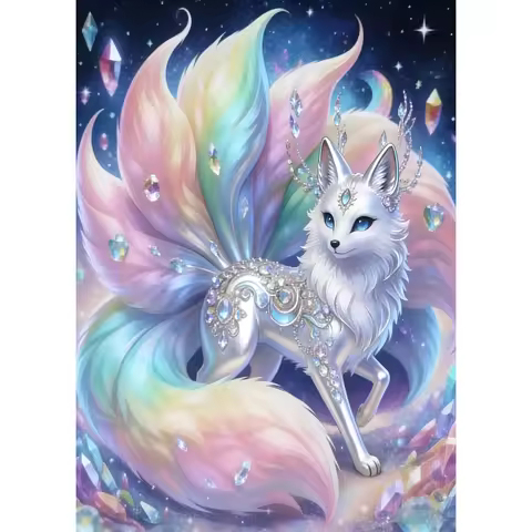 Iridescent Nine-Tailed Spirit Fox Starry Sky Full Diamond Diamond Sticker Painting Living Room Light