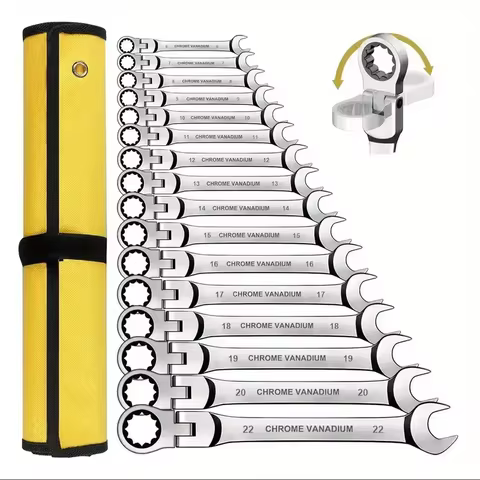 Ratcheting Combination Wrench Set, 6-22mm Metric Flex Head Ratcheting Wrench, Chrome Vanadium Steel 