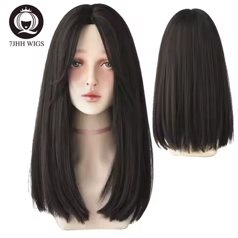 7JHH WIGS Long Straight Middle Part Synthetic Wig Daily Wear Non-Reflective Black Light Brown Wigs F