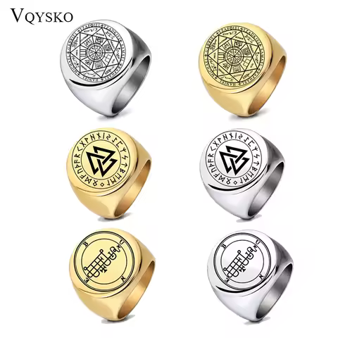 VQYSKO Solomon Six-Pointed Star 12 Constellation Round Signet Rings Stainless Steel Band for Men Wom