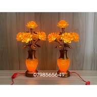 A Pair [2 Lights] Yellow Lotus Vase Decorated With Altar - 50cm High Lotus Light