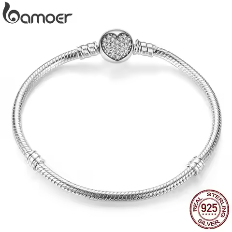 BAMOER Authentic 100% 925 Sterling Silver Classic Snake Chain Bangle & Bracelet for Women Pave Setti