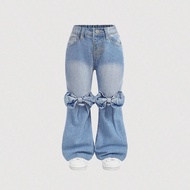 Young Girl's Boho Vintage Big Bow Flare Jeans With Elastic Waistband And 5 Pockets, Western Y2K Styl
