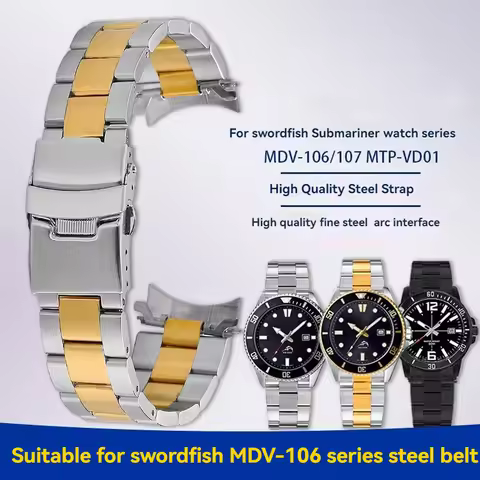 For Casio Swordfish MDV-106 MDV 106 MDV-107 Watch Strap 2784 Metal Steel Strap Stainless Steel Arc M