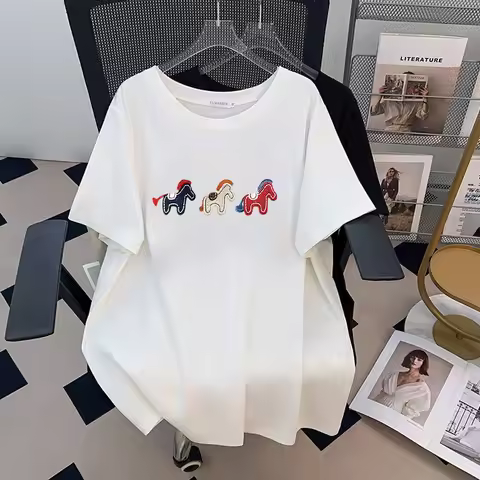 170Kg Plus Size Women's Bust 170 Summer Loose Short Sleeve Round Neck Embroidered Pony T-Shirt 4XL 5