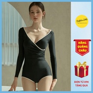 DOLPHIN women's one-piece Bikini with long sleeves and V-neck with discreet white trim for the beach