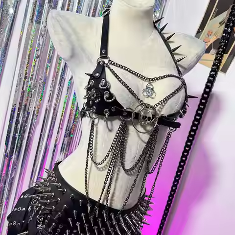 Skull Hand Made Punk Rock Studded Gothic Tank Y2K Vegan Leather Harnesses TOPS DIY 90s Harajuku O Ri