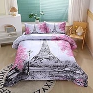 Paris Style Comforter Set for Girls Teens, Twin Size France Eiffel Tower Bedroom Themed Bedding Comf