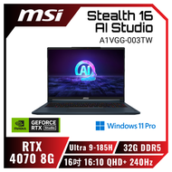 MSI Stealth 16 AI Studio A1VGG-003TW 星辰藍 微星效能創作者AI電競筆電/Ultra 9-185H/RTX 4070 8G/32G DDR5/2TB PCIe/16吋 16:10 QHD+ 240Hz/W11 Pro/全彩背光電競鍵盤