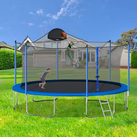 14FT Trampoline With Backboard, Outdoor Pumpkin Trampoline With Enclosure Net And Ladder For Kids Te