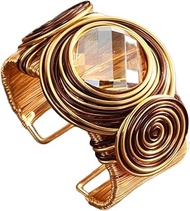Trendy Handcrafted Spiral Wire Cuff Bracelet, Gold Tone with Crystal Stone, Wide Statement Bangle, 2