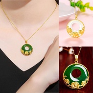 Blessed 916 Plated Gold Inlaid Jade Circular Pendant Necklace Lucky Safety Clasp Flower Necklace Gifts