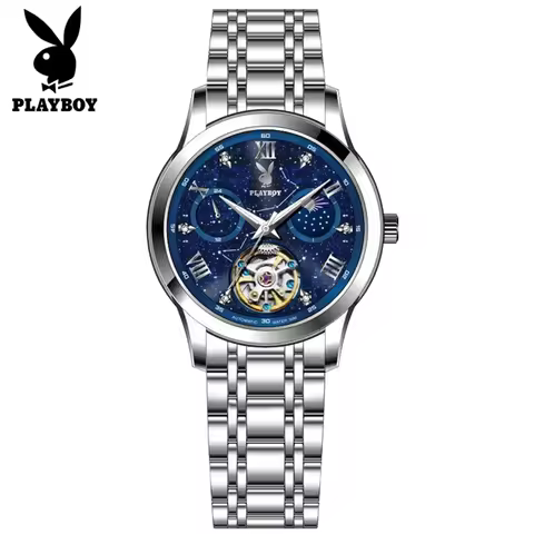 PLAYBOY Automatic Women's Watches Stainless Steel Starry Sky Skeleton Flywheel Luxury Brand Ladies M