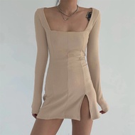 Ka5 Exposed Collarbone Square Collar Split Dress - Slimming Design for Spring & Summer