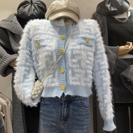 Gentle Style Mink-like Fleece Cardigan Sweater Women Autumn Winter New Style Thickened Small Short Knitwear Jacket Top LS1U