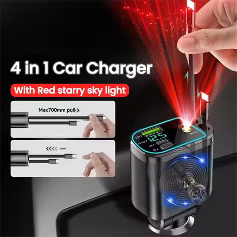 Retractable Car Charger 4 in 1 Fast Charging Car Charger Retractable Cable 2 type c Ports Car Charge