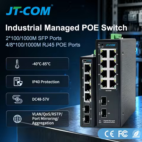 JT-COM Industrial PoE Managed Switch 4/8 Port 10/100/1000Mbps + 2 Port Gigabit SFP Slots DIN-Rail IP