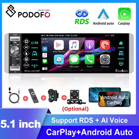 Podofo 1 Din Carplay Car Radio Receiver Bluetooth Autoradio 5.1 Inch MP5 Audio Video Player AI Voice