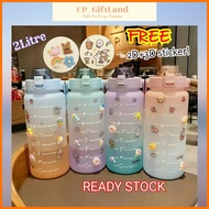 2L Water Bottle Straw Bottle Sticker Bottle Waterproof Large Gradient Color Botol Air 2 Liter Besar 