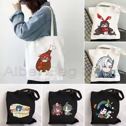 Kawaii Anime Genshin Impact Canvas Tote Bag Cute Gifts zhongli Hu Tao Chibi Xiao Venti Neuvillette T