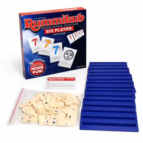 Rummikub Six Player Tile Strategy Board Game with Blue Racks Number Logic Family Party English Versi