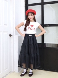 JARINYA กระโปรงยาวผ้าชีฟองลายจุดปัก Jarinya