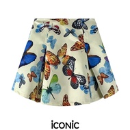 iCONiC Frozen Skirt #9065 กระโปรงสั้น ผ้าไหมพิมพ์ลาย ผีเสือ สีครีม กระโปรงผ้าไหม ซาติน จับจืบ กระโปร