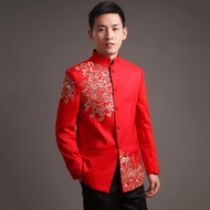 S~3XL Red Men's Groom Formal Coat Chinese Traditional Samfu Wedding Wear