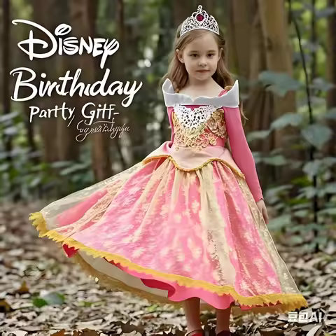Disney Luxury Princess Party Dress Girls Sleeping Beauty Lace Floral Frock Aurora Cosplay Kids Carni