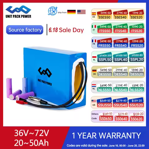 72V 20AH Electric Battery 52V 60V 48V 36V 24Ah 18650 Rechargeable Lithium ion Battery Pack for 1500W