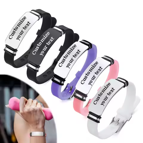 Custom Text Bracelet Name Inscription Secure Soft Silicone Wristband Engrave Stainless Steel Bracele