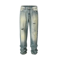 I8FB American Retro Washed Distressed Distressed Yellow Mud Dyed Ripped Jeans Men Street Paris Style