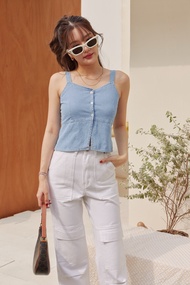 Sis story เสื้อ ยีนส์ แขนกุด กระดุมหน้า ทรงแหวกหน้า Sis T09 Daisy denim button up tank top - Blue/Da