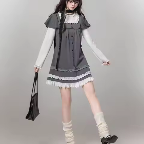 2000s Harajuku Kawaii Lolita Dress Y2k Patchwork Sweet Long Sleeve Short Party Dress Vintage Fake 2 