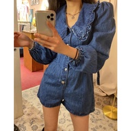 Luma Beauty Jumpsuit Women Long-Sleeved French Puff Sleeve Denim Jumpsuit Women Small Western Style 2021 Korean Version Autumn Narrow Waist Slimmer Look