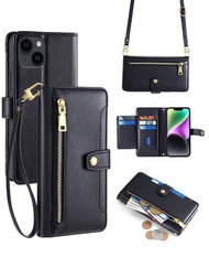 1個黑色多功能拉鍊錢包,跨肩帶設計,擁有多個卡槽和手機支架,適用於sense4/apple 13pro/三星a12/oneplus Nord Ce 2 5g/小米poco M3/redmi Note10s/pixel3a/oppo