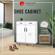 [INNDESIGN.SG] Zoeen 2 Doors Shoe Cabinet With Tempered Glass Top (Fully Assembled and Free Delivery)
